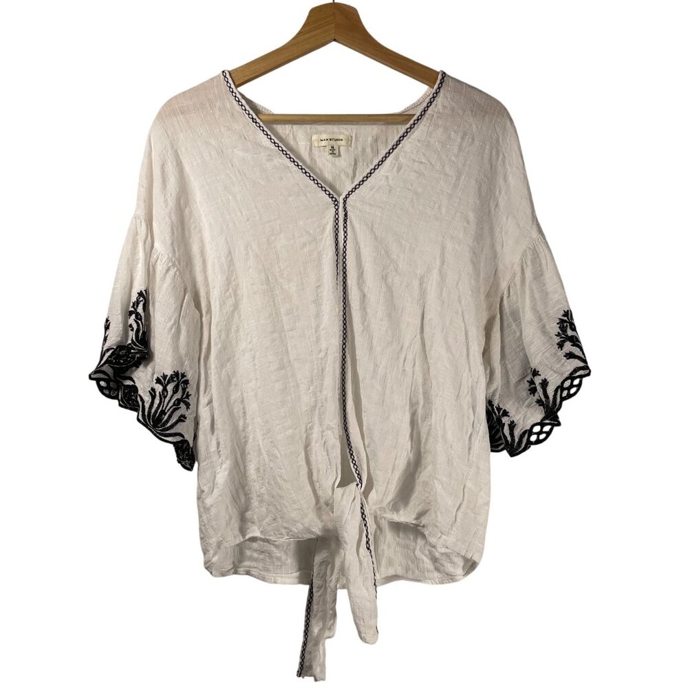 Max Studio Women's Floral Embroidered Trim Blouse White Size M Front Tie